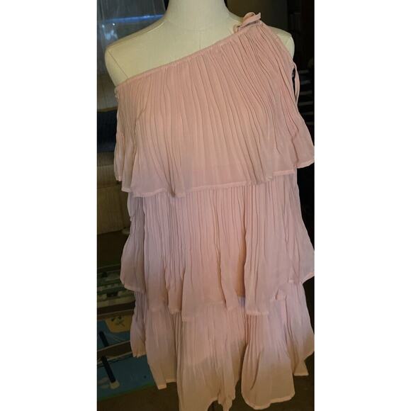 Women's One Shoulder Tie Strap Lightweight Layered Short Dress Pink Medium NWT - Picture 3 of 3